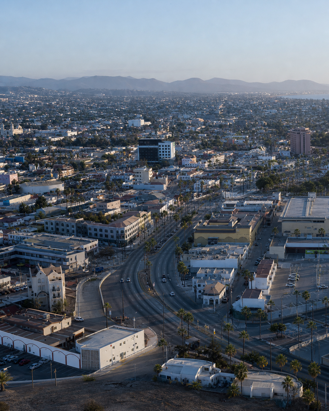 Vista editorial de Ensenada Centro basada en una fotografía aérea real