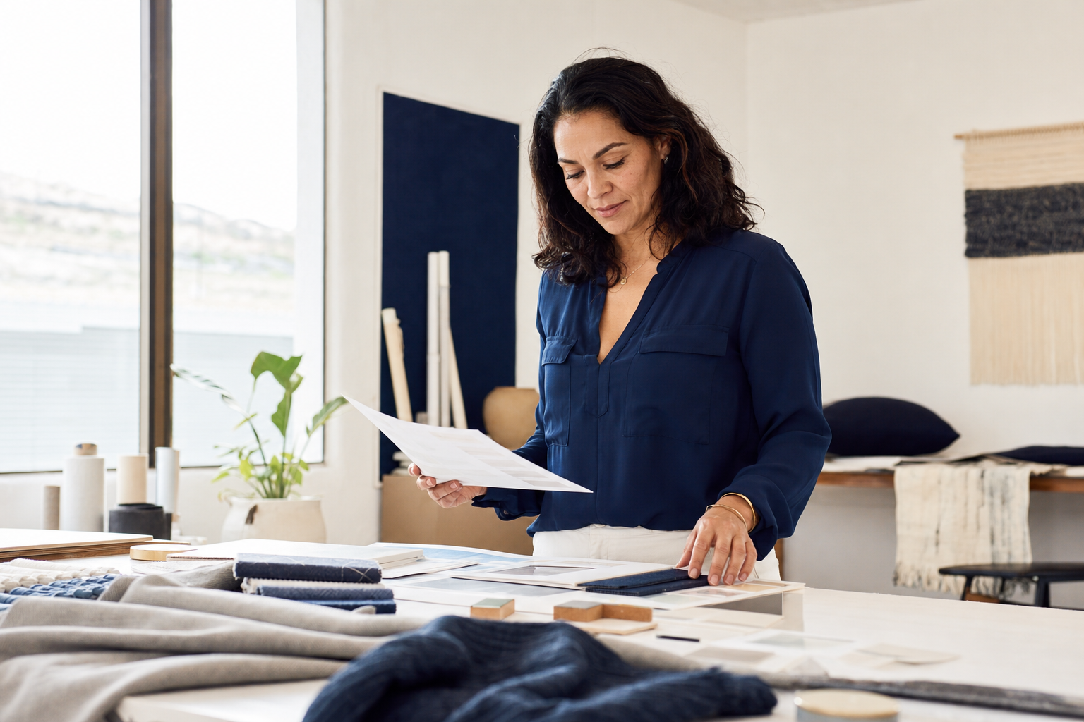 Emprendedora revisando planes para hacer crecer su negocio